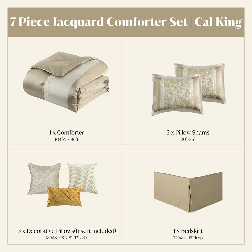 CozyDH Black Gold Jacquard Comforter Set California King, 7PCS Bed in a Bag