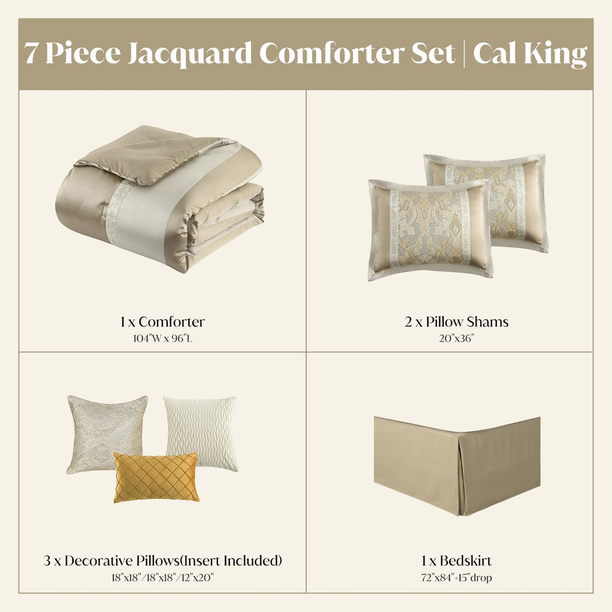 CozyDH Black Gold Jacquard Comforter Set California King, 7PCS Bed in a Bag