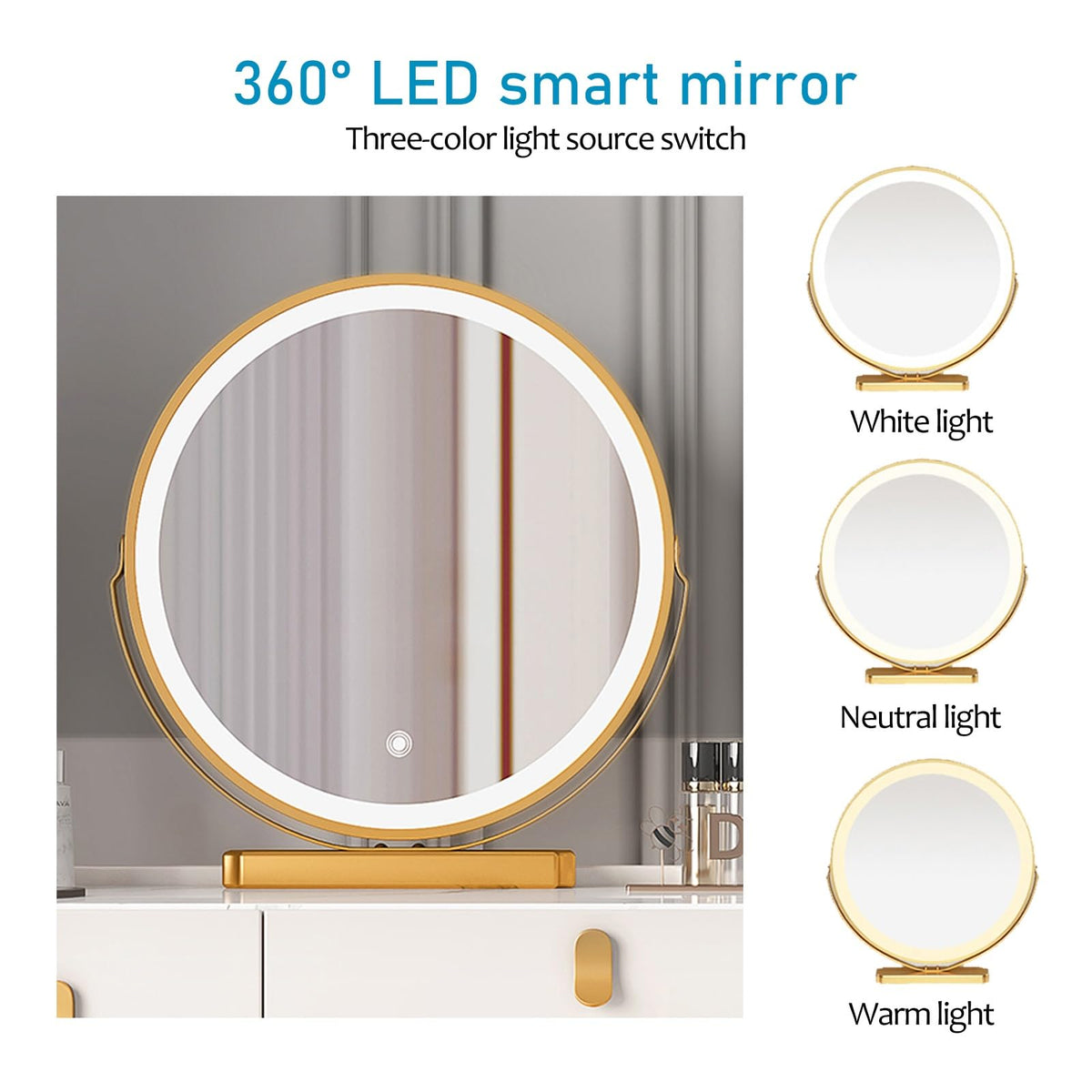 Solid Wood Vanity Set with 3-Color LED Mirror & Marble Top