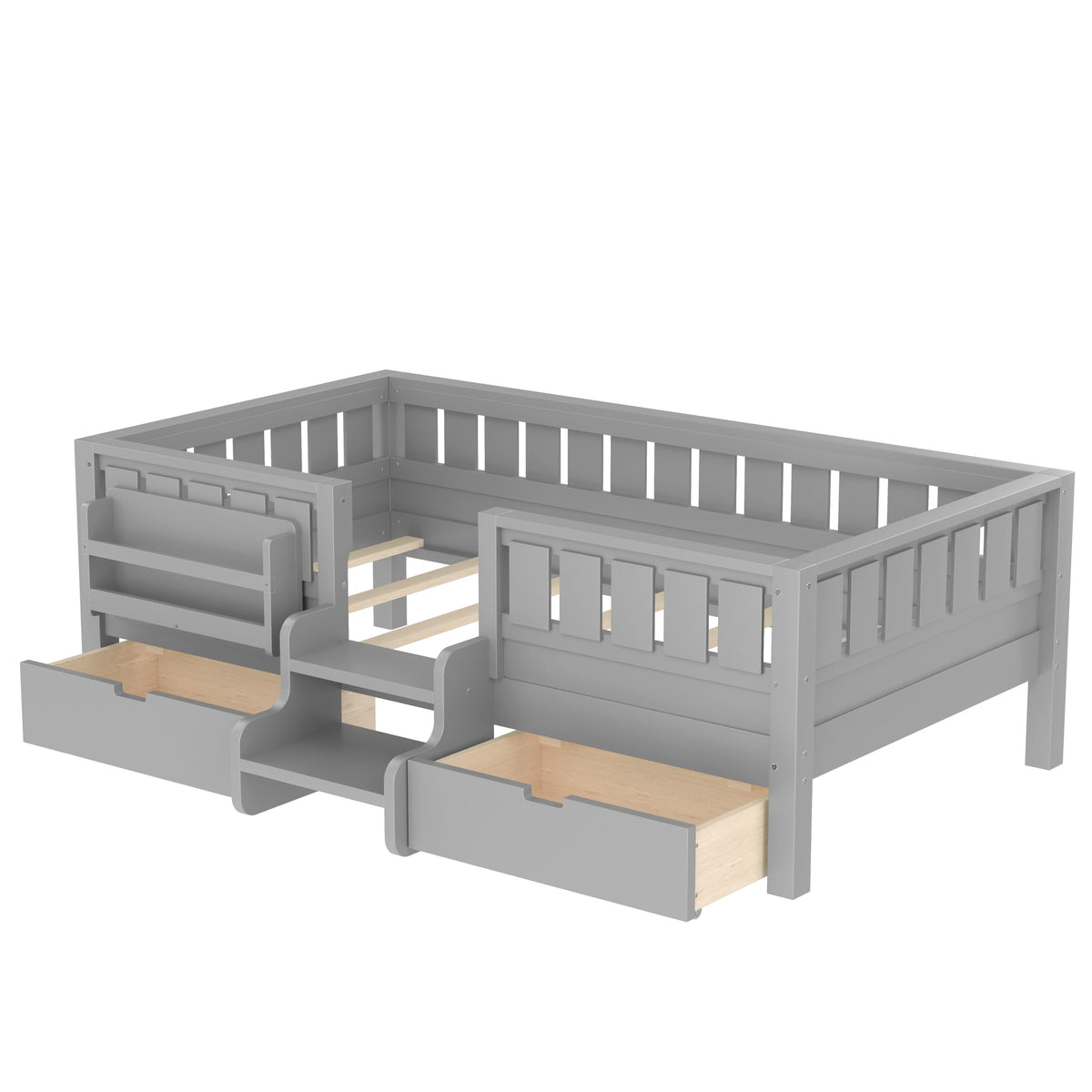 Montessori Bed with Stairs, Bookshelf & Storage Drawers