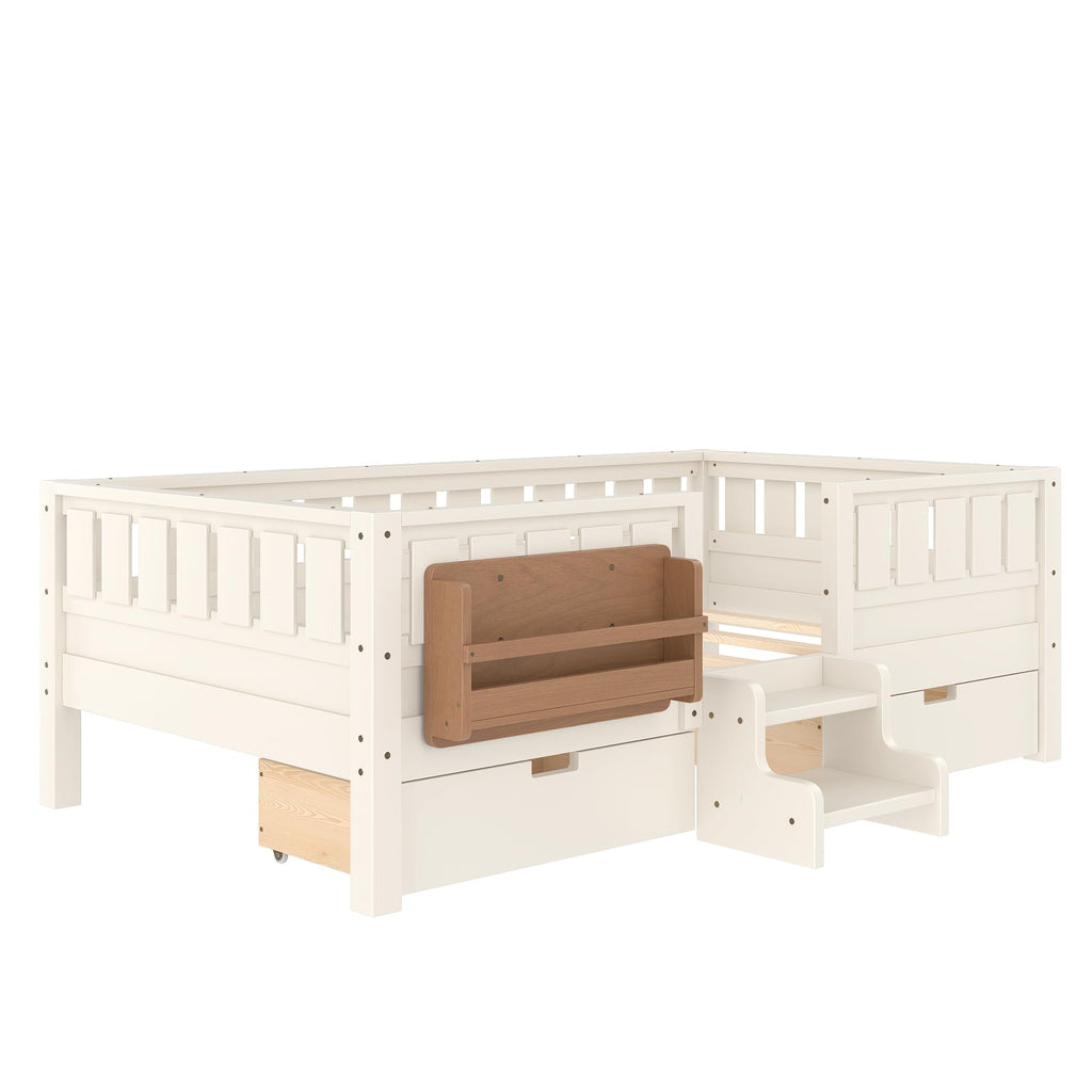 Montessori Bed with Stairs, Bookshelf & Storage Drawers
