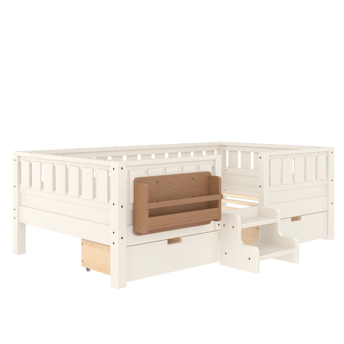 Montessori Bed with Stairs, Bookshelf & Storage Drawers