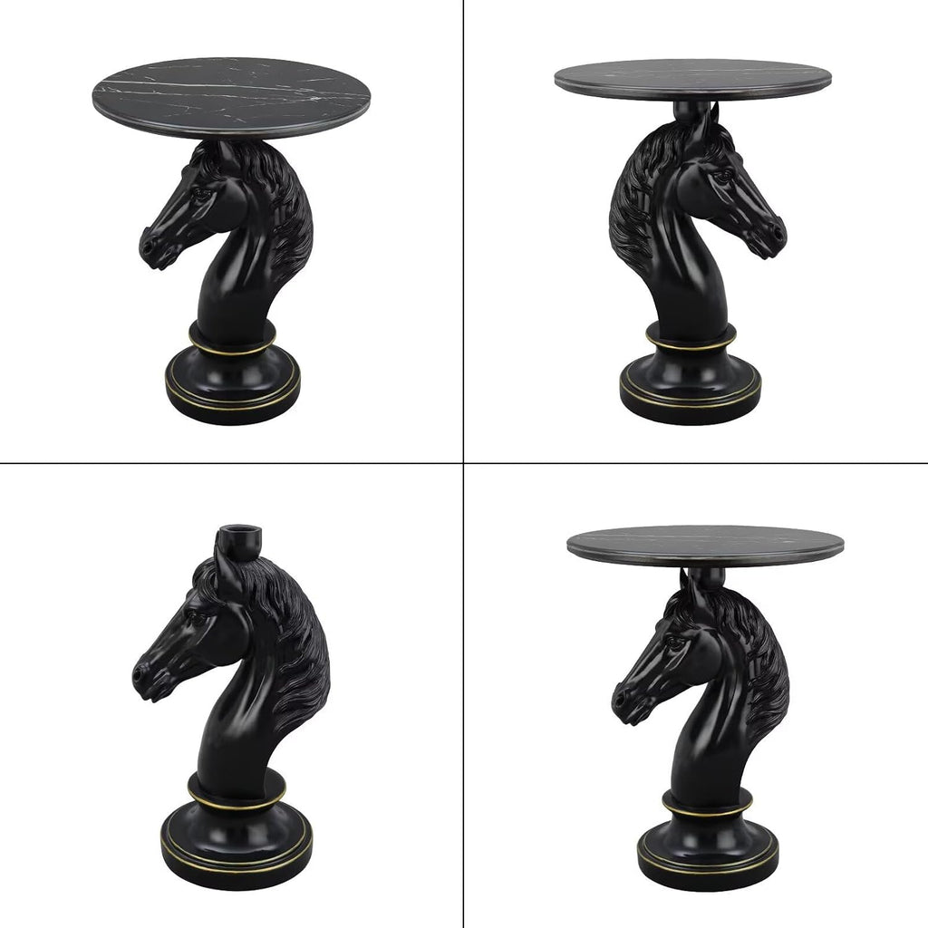 Modern End Table Living Room Black Horse Statue Base Faux Marble Night Stand 20"