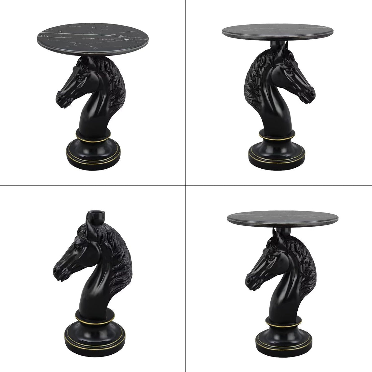 Modern End Table Living Room Black Horse Statue Base Faux Marble Night Stand 20"