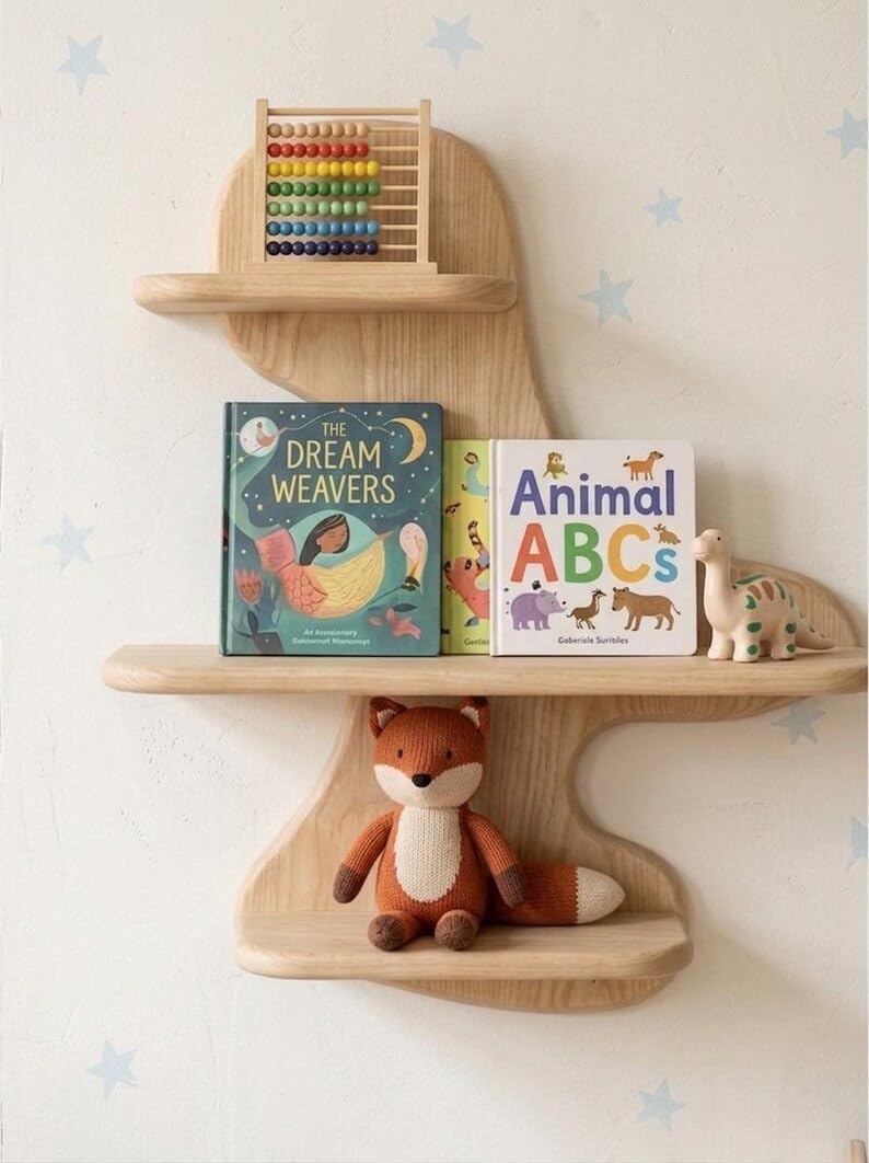 Modern Wood Wall Shelf, 3-Tier Irregular Design Floating Shelves, Natural Oak Decor for Living Room Bedroom Office, Decorative Display Shelves