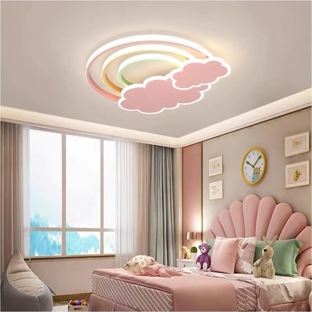 LED Pink Ceiling Light Modern Cartoon Children's Room Dimmable Ceiling Light with Remote Control Nordic Children's Room Blue Cloud Rainbow Night Light for Bedroom Baby Room Boys Girls Room