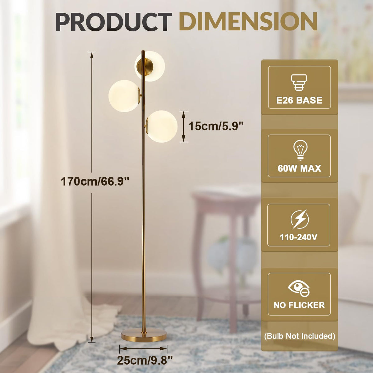 BOKT Gold 5-Light 67'' Tall Floor Lamp Smoked Glass Globes Standing Lamp
