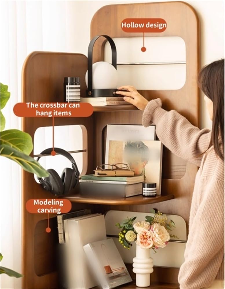 4-Tier Wood Corner Shelf, Corner Bookshelf with Display Rack, Open Book Case, Retro Storage Organizer Shelf for Living Room, Bedroom(Brown)