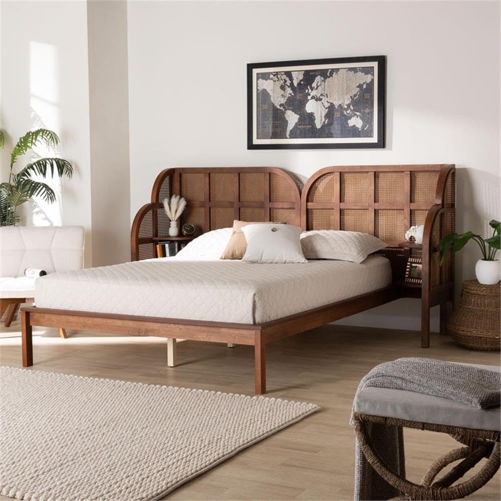 Mid-Century Queen Platform Bed with Rattan Shelf Headboard