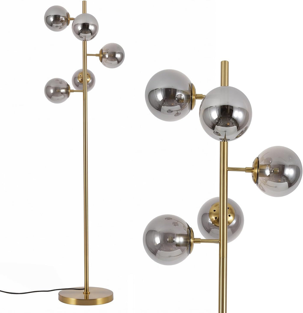 BOKT Gold 5-Light 67'' Tall Floor Lamp Smoked Glass Globes Standing Lamp