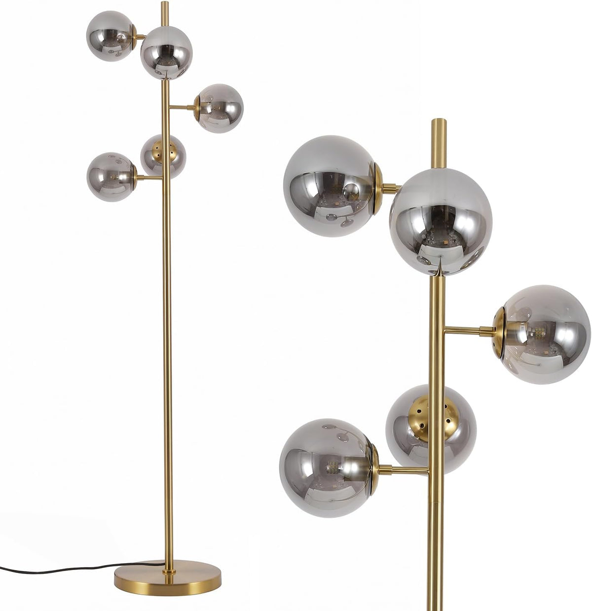 BOKT Gold 5-Light 67'' Tall Floor Lamp Smoked Glass Globes Standing Lamp