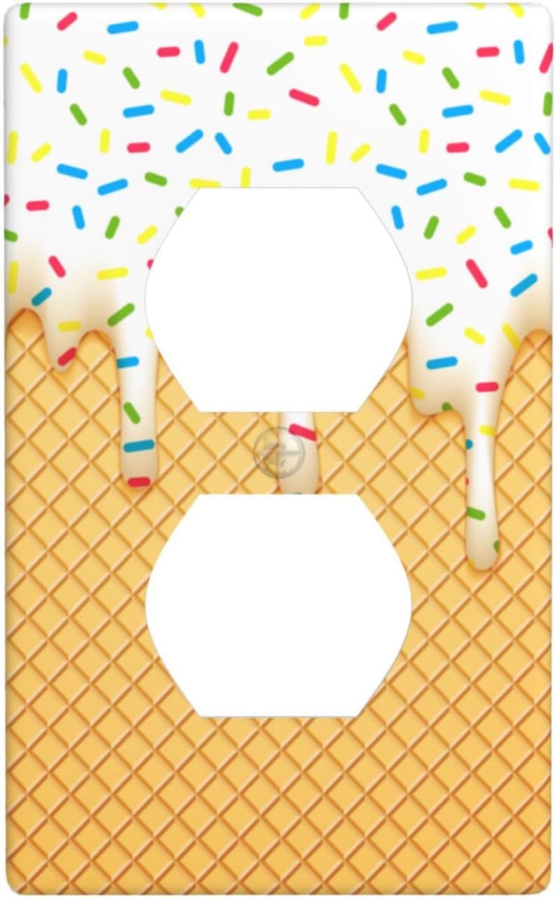 Cartoon Ice Cream Cone With Dripping White Glaze And Wafer Decor Print Light Switch Plate Cover Plastic Wall Plates (Single Gang Electrical Switch Duplex Outlet Cover)