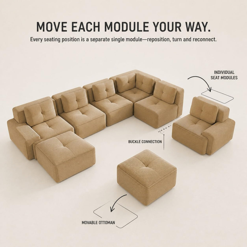 Camel Couch, Corduroy Couch, Boneless Modular Sectional Sofa Set, 5-Seat, Oversized