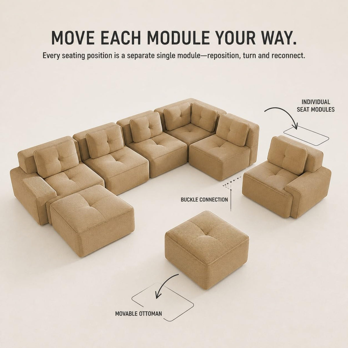 Camel Couch, Corduroy Couch, Boneless Modular Sectional Sofa Set, 5-Seat, Oversized