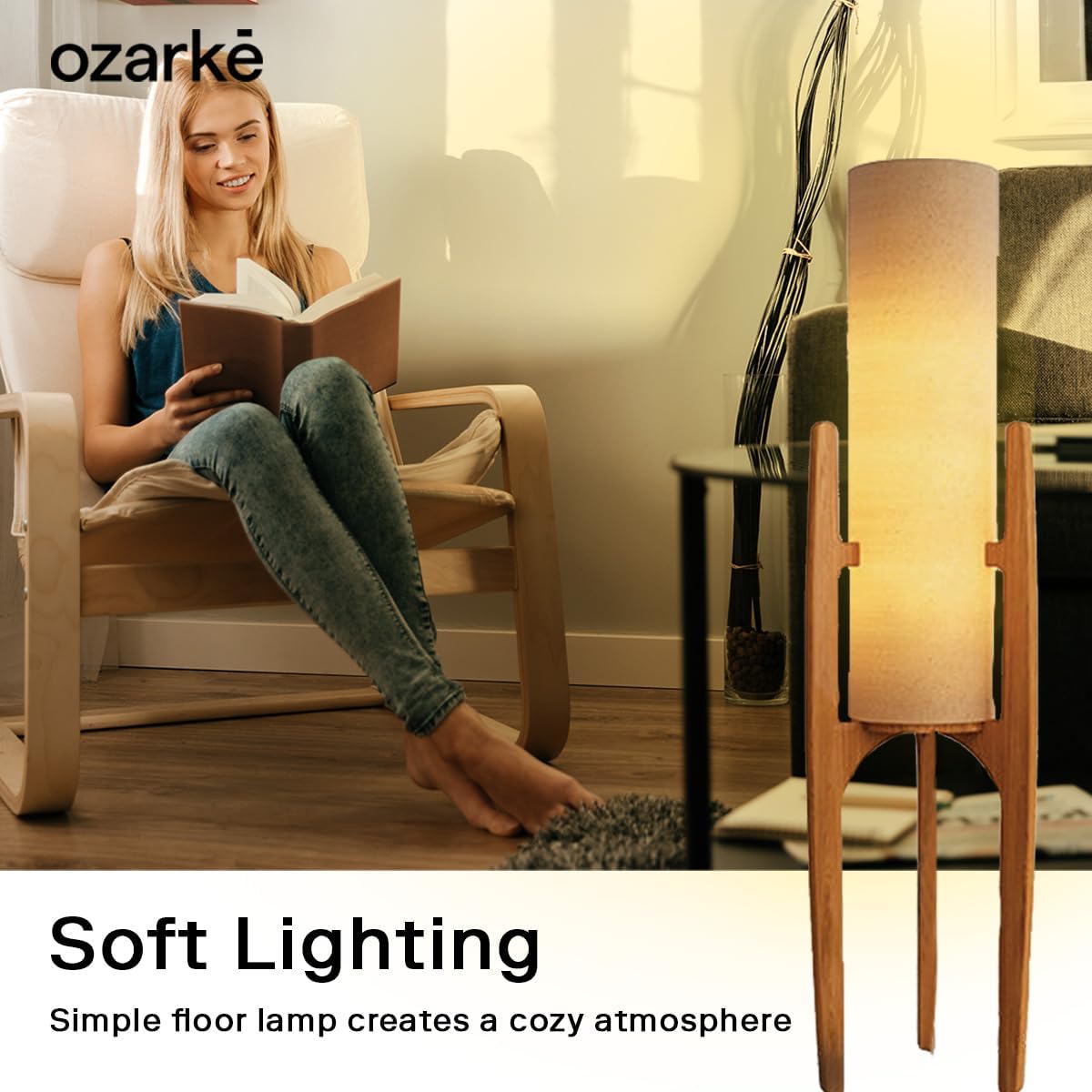 Ozarke Zen Modern Floor Lamp - Fabric Shade & Wood Frame Mid-Century 44 Inch