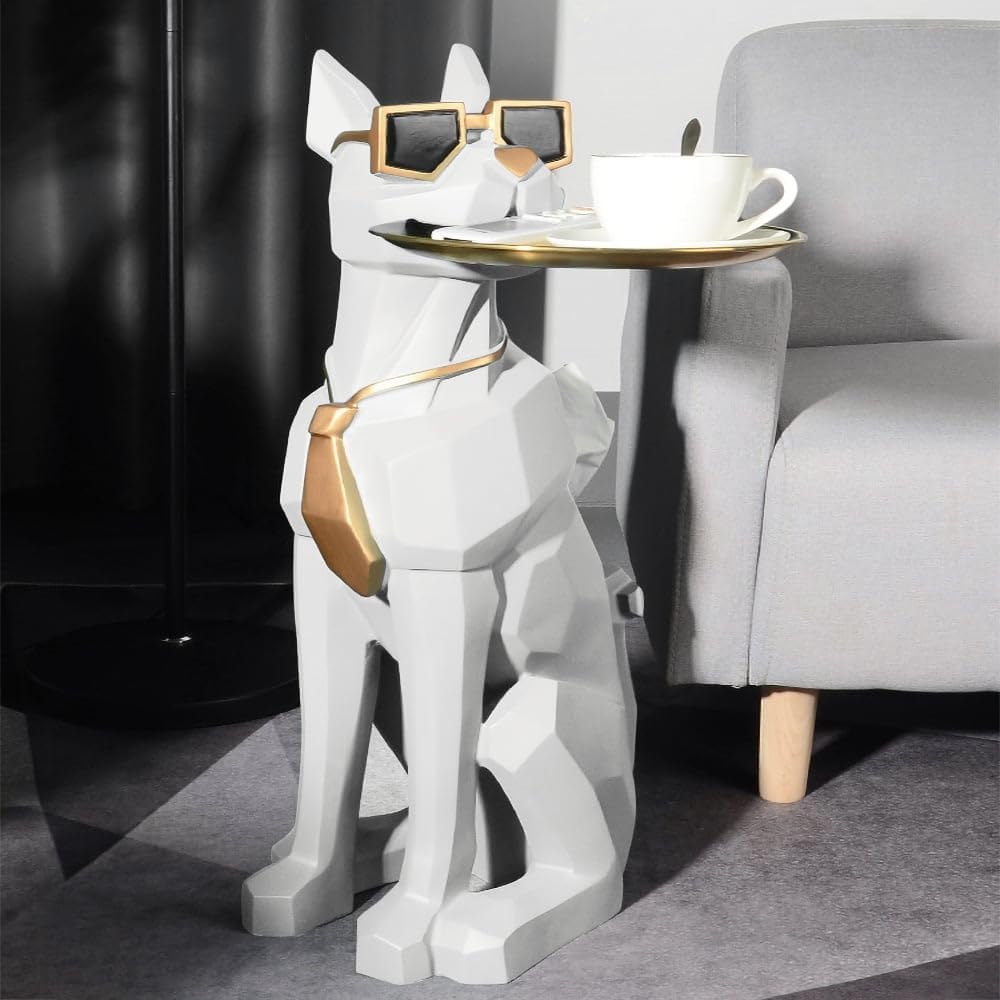 Whimsical Cat Sculpture Side Table with Gold Tray