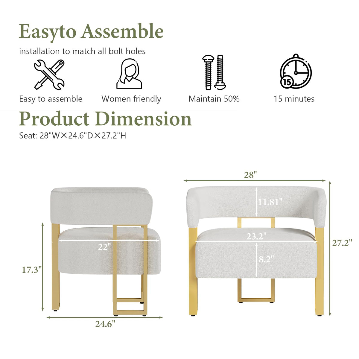 Modern Accent Chair Set of 2, Barrel Chairs, White Arm Chairs Living Room