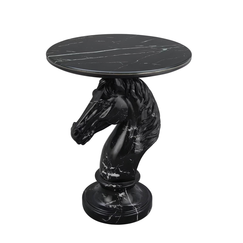 Modern End Table Living Room Black Horse Statue Base Faux Marble Night Stand 20"
