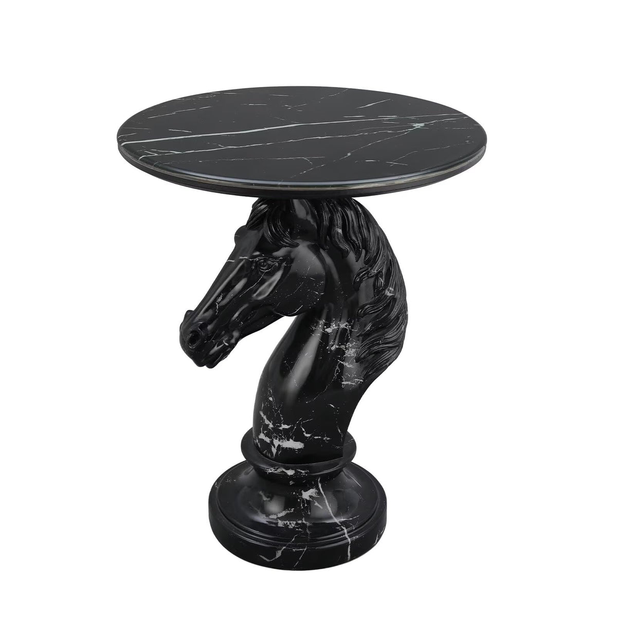 Modern End Table Living Room Black Horse Statue Base Faux Marble Night Stand 20"