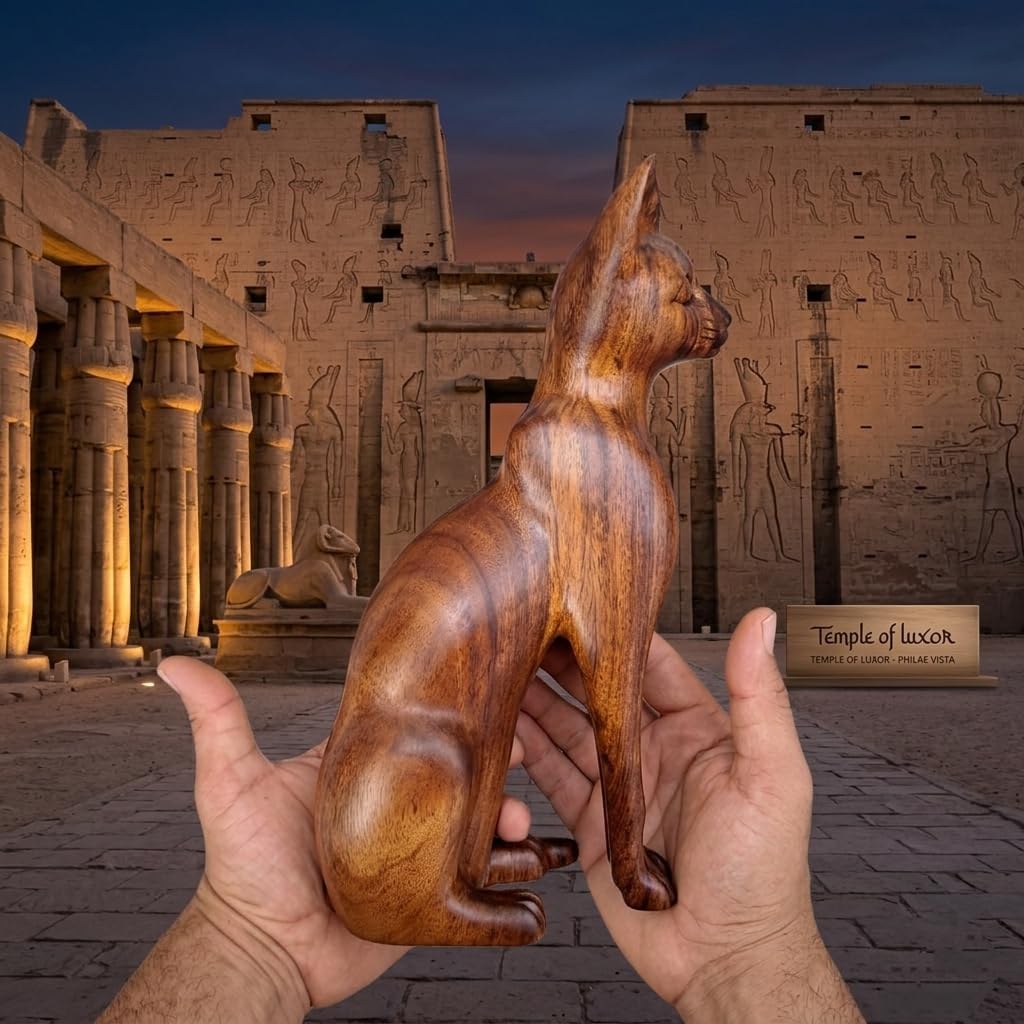 Hand-Carved Bastet Cat Sculpture