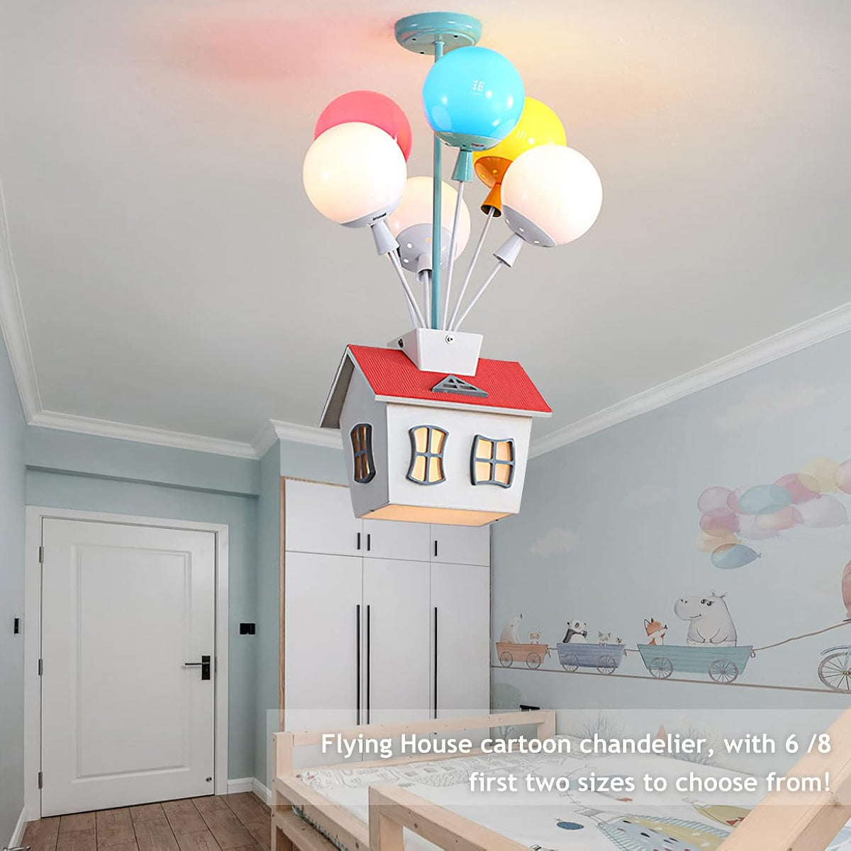 Kids House Shape Ceiling Light Colorful Balloon Wood Chandelier Cartoon House Shape with Acrylic lampshade Sputnik Ceiling Light for Girls Boys Kid's Bedroom (D16.5*H22.8IN (6 Light))