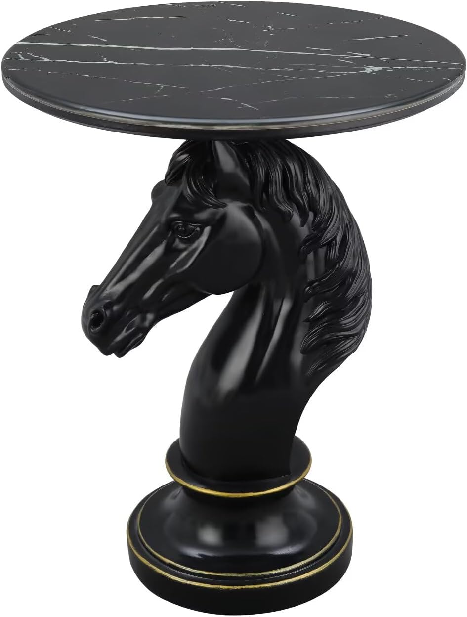 Modern End Table Living Room Black Horse Statue Base Faux Marble Night Stand 20"