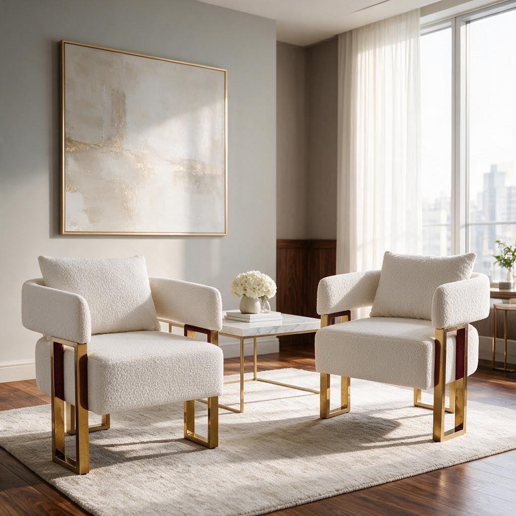 Upholstered Barrel Accent Chairs with Gold Legs – Set of 2