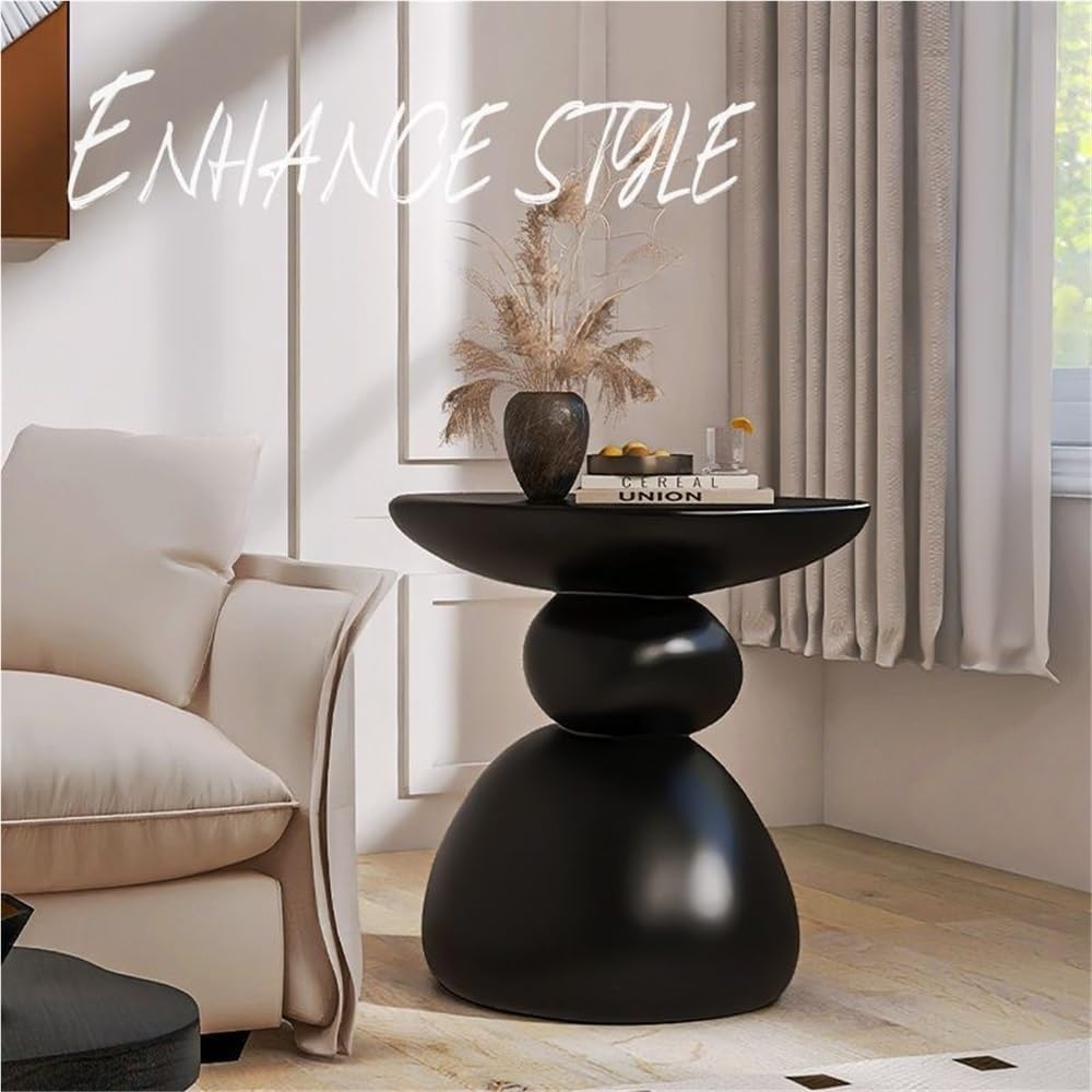 Decorative Stone Shape Side Table, Fiberglass End Table Nightstand, Round Accent Table for Bedroom, Living Room, Entryway, Decorative Living Room Table(Black,Large)