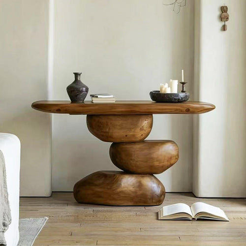 Entryway Console Table, Solid Wood, Cobblestone Round