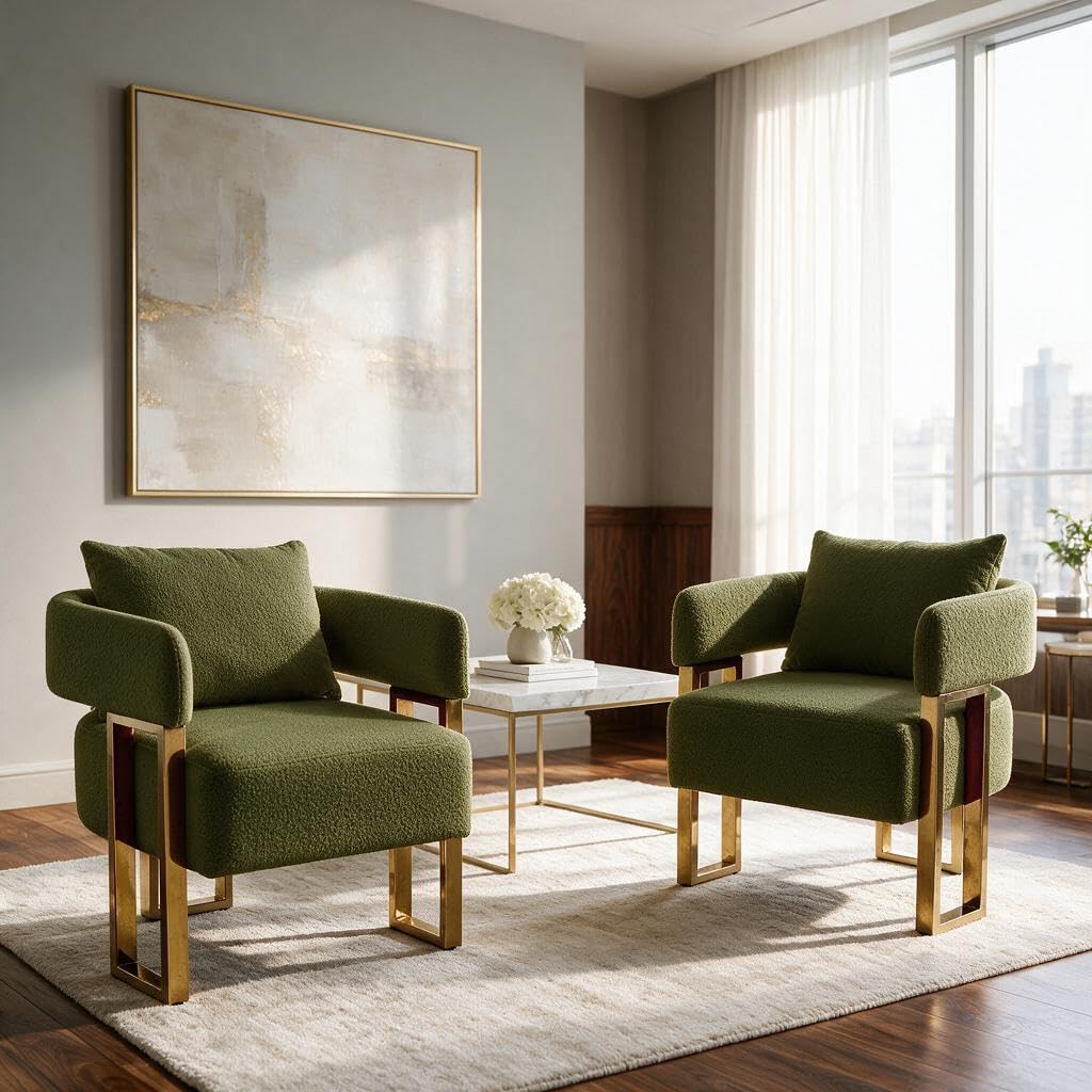 Upholstered Barrel Accent Chairs with Gold Legs – Set of 2