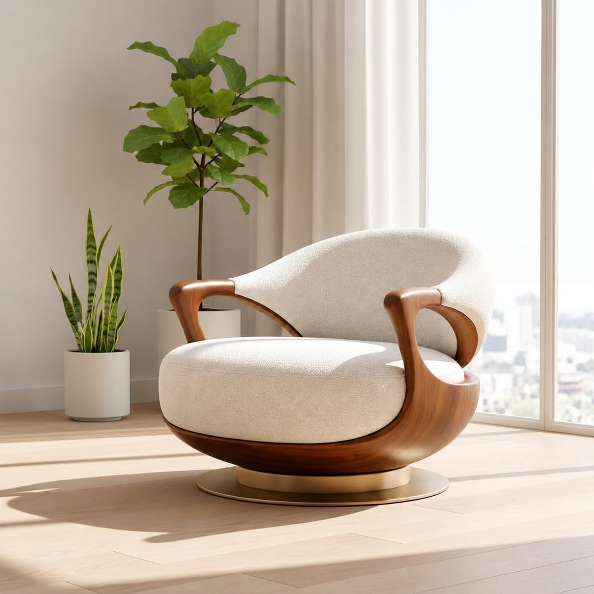 Cream Boucle Swivel Accent Chair, Curved Wood Lounge Chair with Gold Base