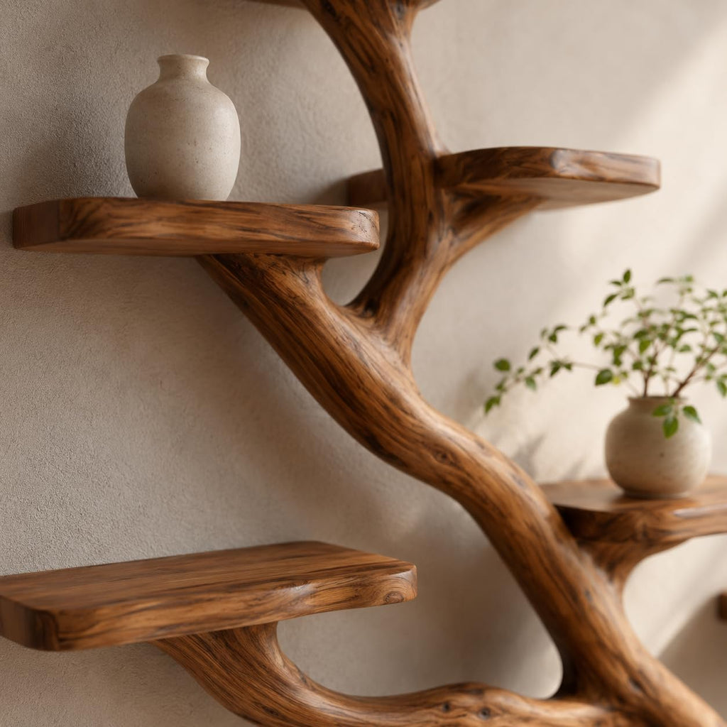 Wall Mounted Tree Bookshelf, Solid Wood Branch Floating Shelf, Rustic Driftwood Style Plant Display & Book Shelf for Boho Farmhouse Living Room Wall Decor (Option 5)