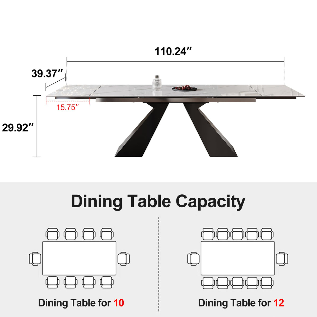 9 Piece Marble Expandable Table Set with 8 Comfy Dining Chairs