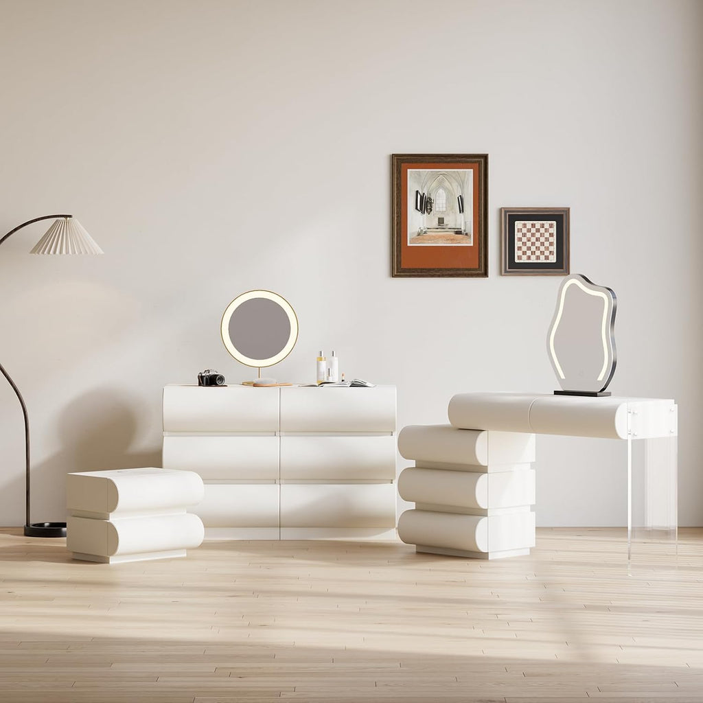 White Faux-Leather Six-Drawer Dresser