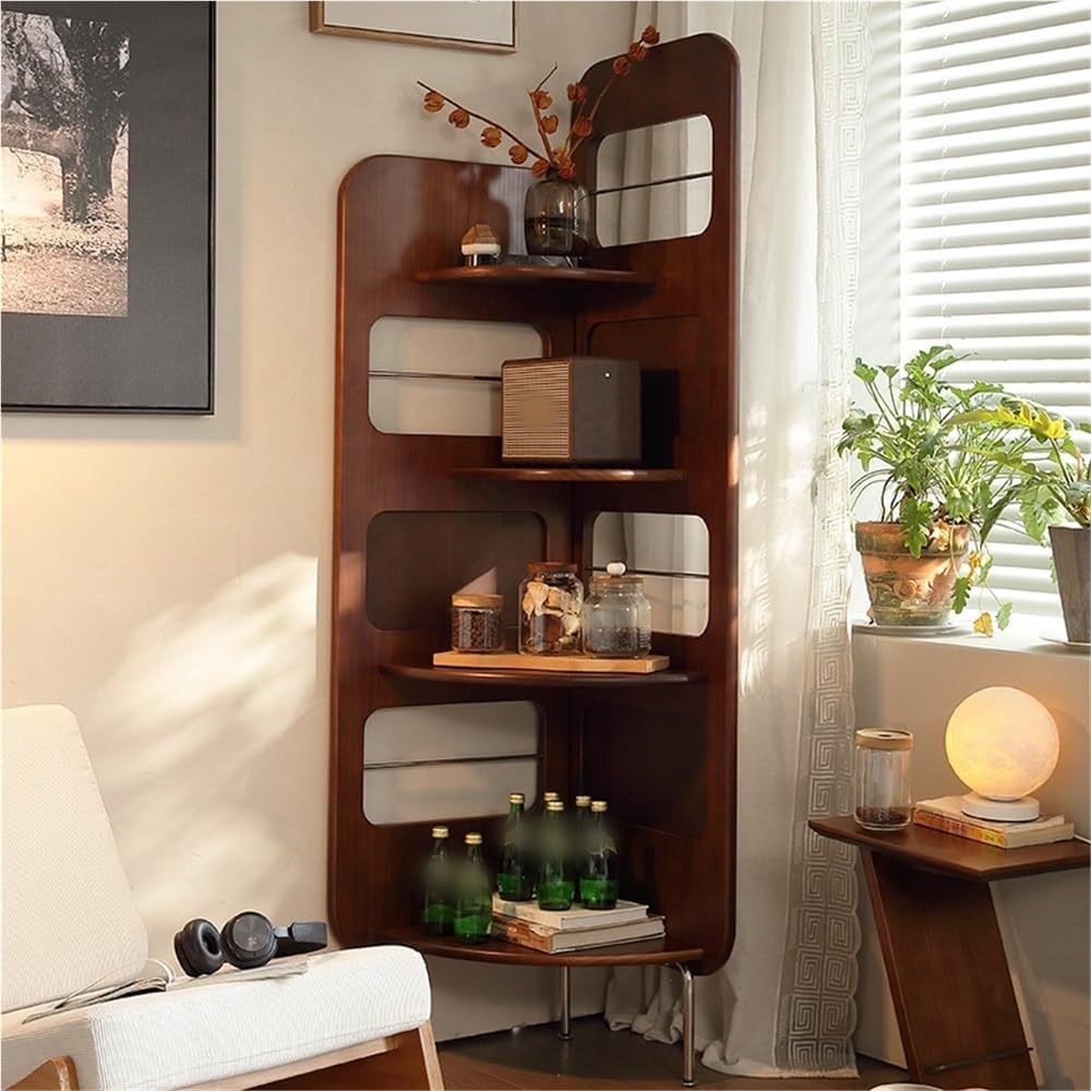 4-Tier Wood Corner Shelf, Corner Bookshelf with Display Rack, Open Book Case, Retro Storage Organizer Shelf for Living Room, Bedroom(Brown)