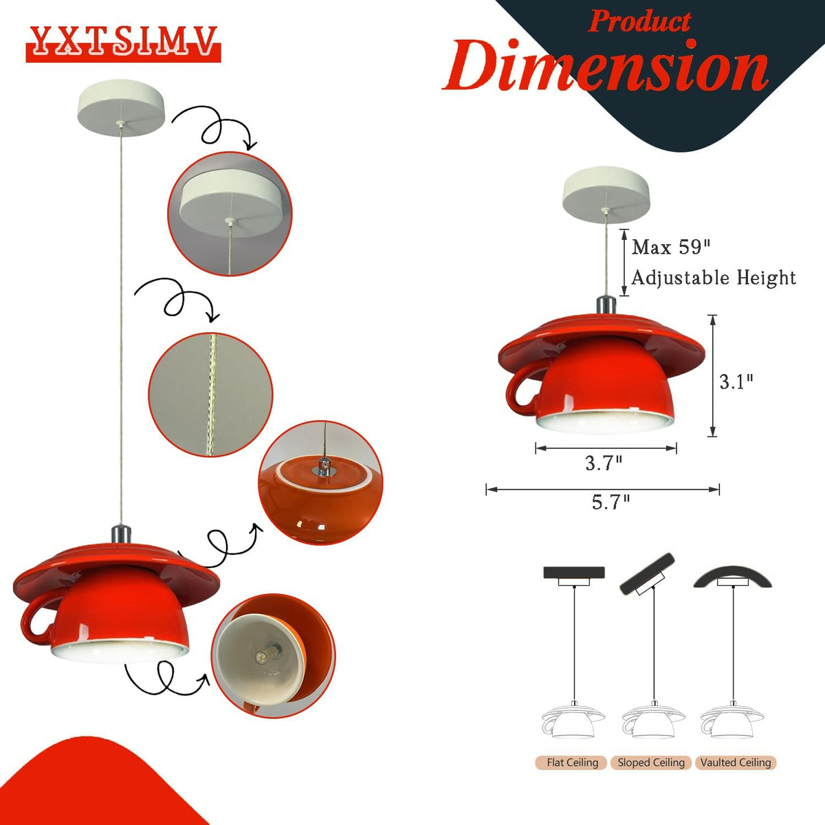 Pendant Light Fixtures Ceramic Coffee Cup Shape Lampshade Pendant Lighting for Kitchen Island 5.7in Modern Ceiling Hanging Lights Nordic Island Light for Counter, Bar, Hallway
