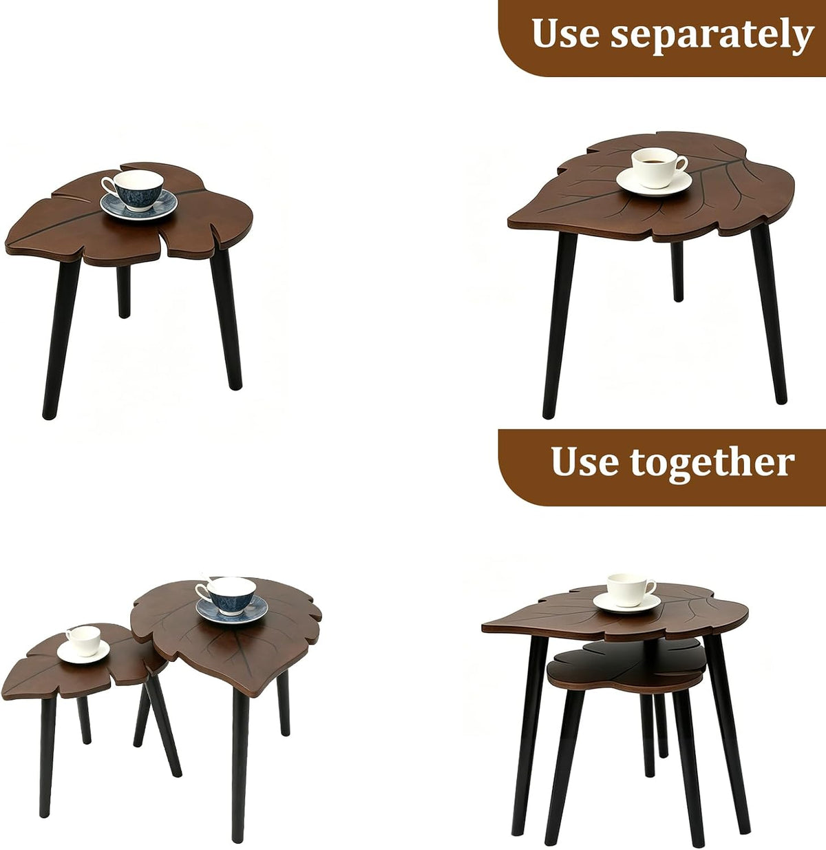 Nesting Coffee Table Set of 2, Monstera Leaf Wooden Side Table