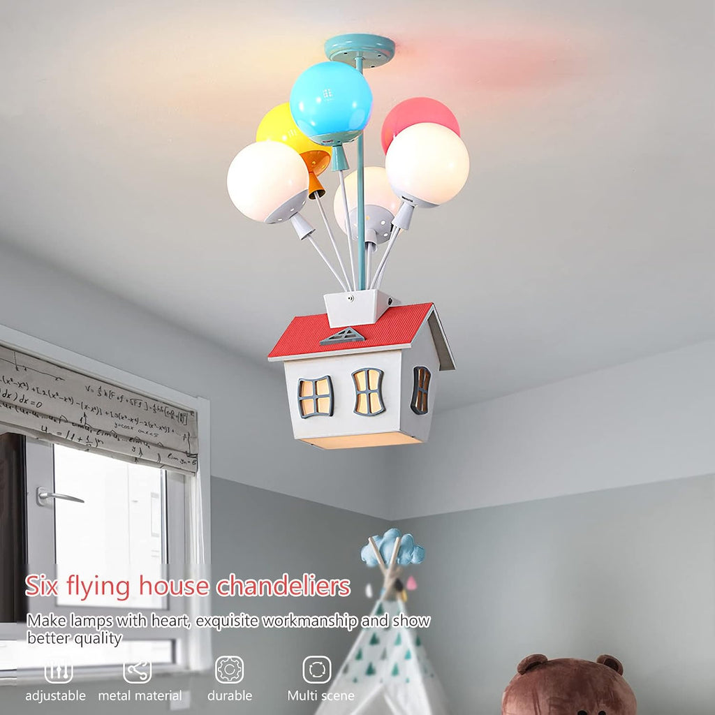 Kids House Shape Ceiling Light Colorful Balloon Wood Chandelier Cartoon House Shape with Acrylic lampshade Sputnik Ceiling Light for Girls Boys Kid's Bedroom (D16.5*H22.8IN (6 Light))