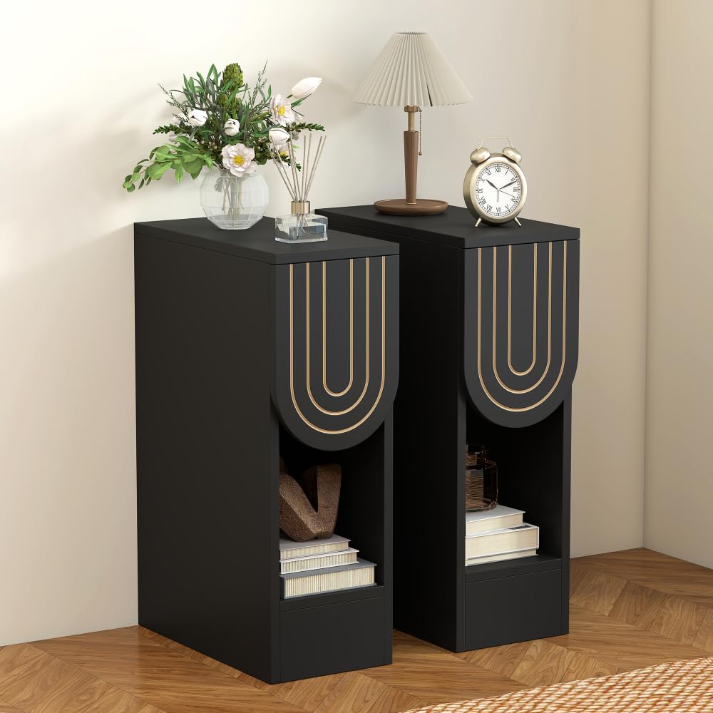 Narrow Carved Wood Nightstands, Set of Two