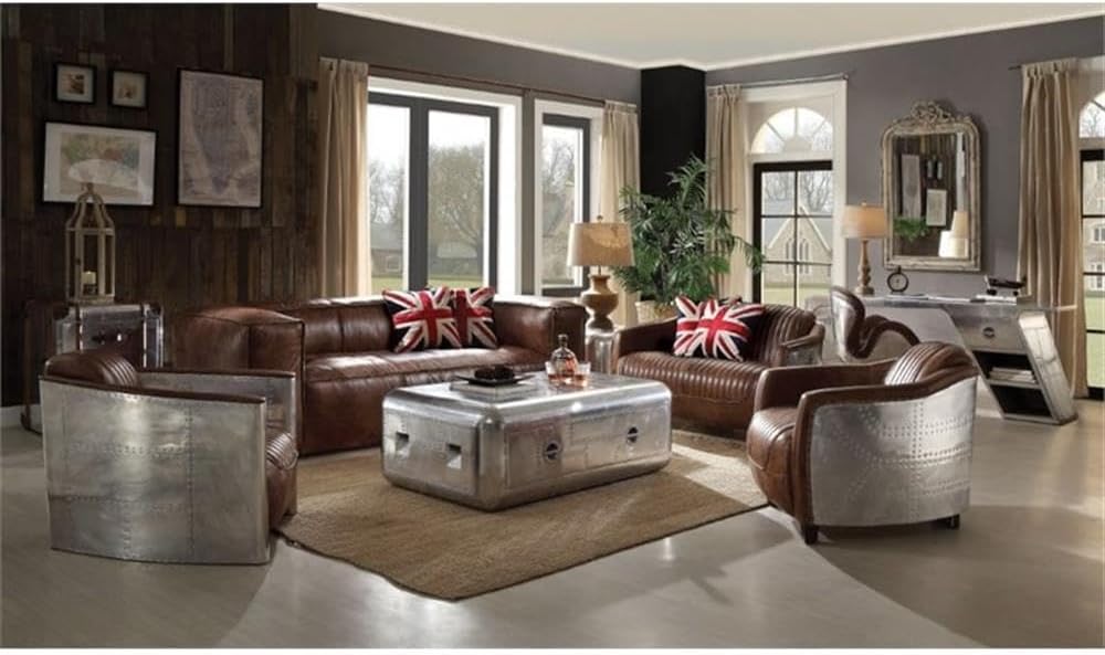 Pemberly Row 2 Piece Top Grain Leather and Aluminum Chair Set in Retro Brown