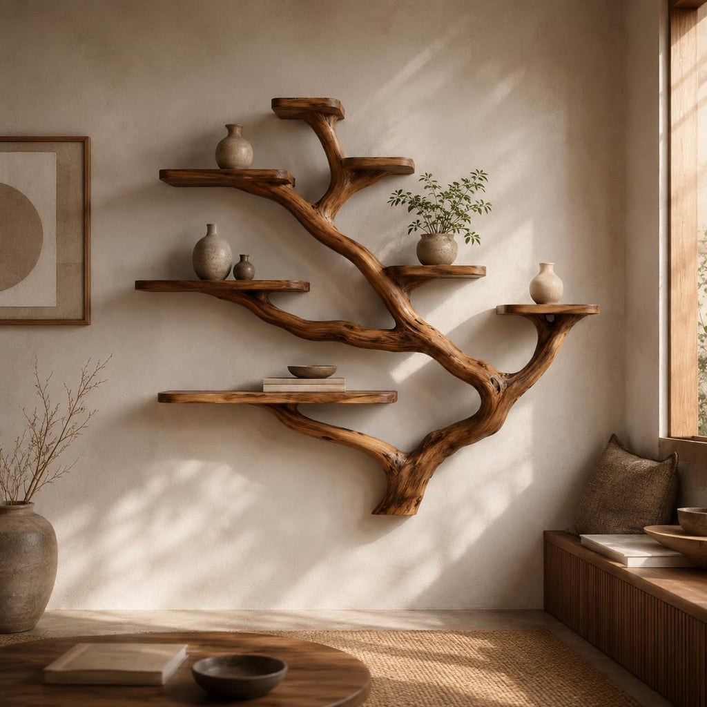 Wall Mounted Tree Bookshelf, Solid Wood Branch Floating Shelf, Rustic Driftwood Style Plant Display & Book Shelf for Boho Farmhouse Living Room Wall Decor (Option 5)