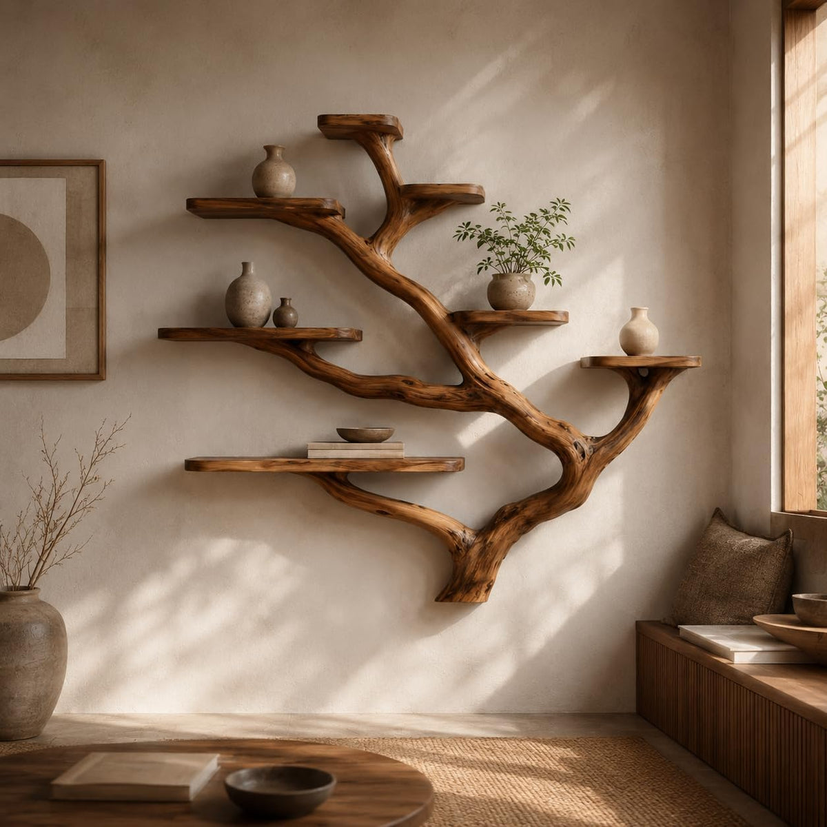 Wall Mounted Tree Bookshelf, Solid Wood Branch Floating Shelf, Rustic Driftwood Style Plant Display & Book Shelf for Boho Farmhouse Living Room Wall Decor (Option 5)