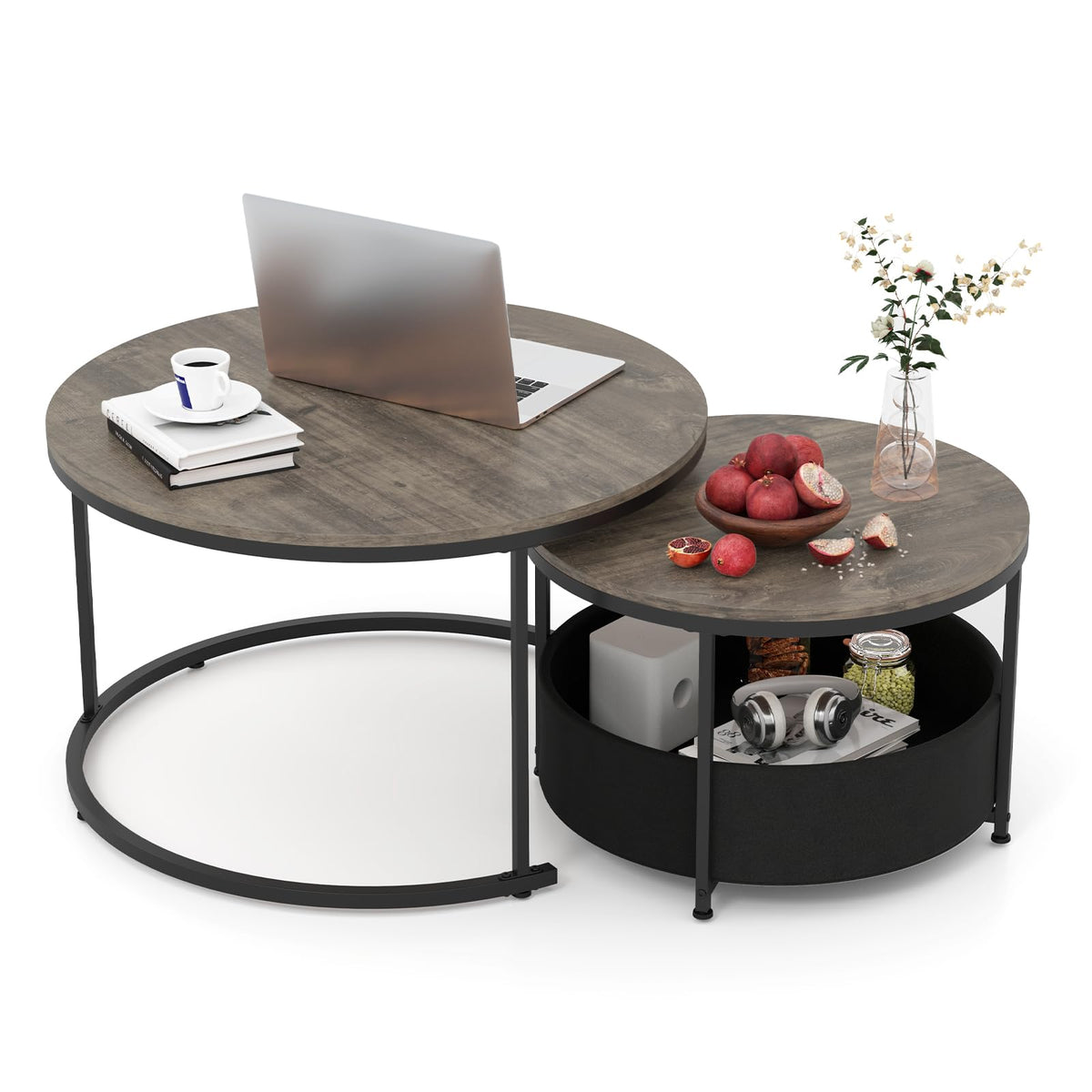 Tangkula Round Nesting Coffee Table Set of 2, Rustic & Black