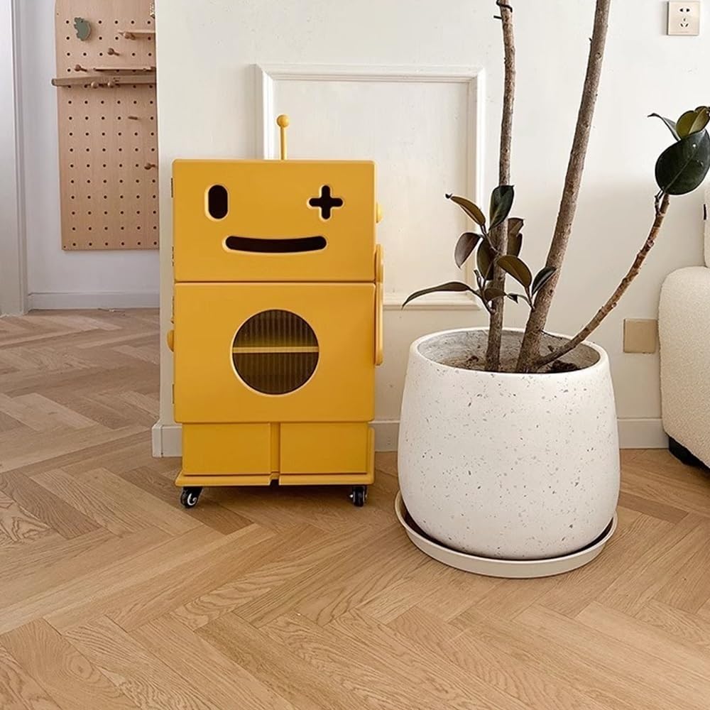 Robot Shaped Storage Cabinet for Bedroom or Living Room, Cute Accent Furniture with 3-Tier Storage, Display Shelf, Creative Special Nightstand or Side Table(Yellow)