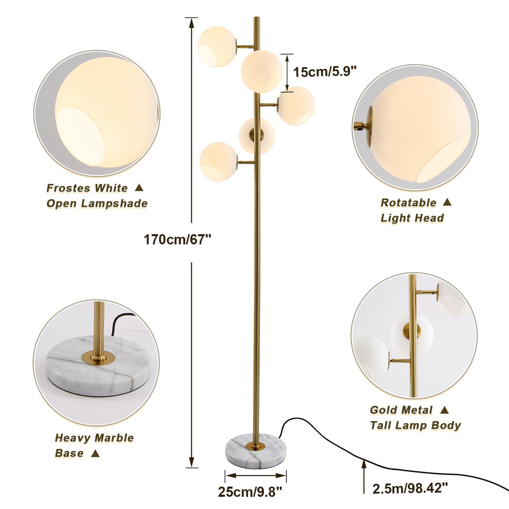 BOKT Gold 5-Light 67'' Tall Floor Lamp Smoked Glass Globes Standing Lamp