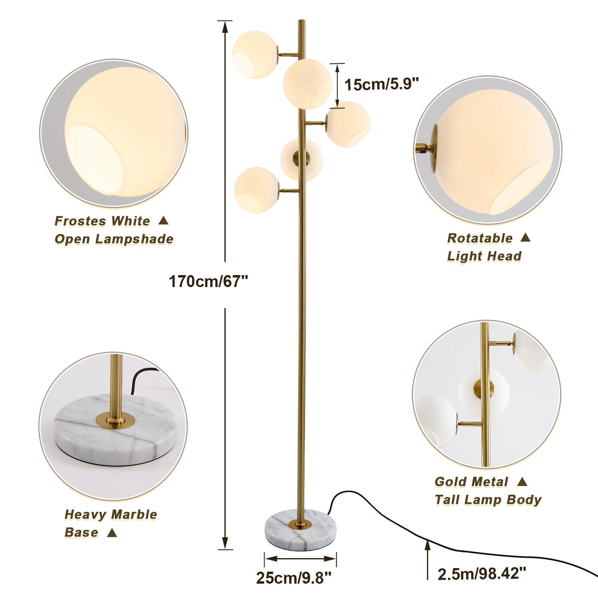 BOKT Gold 5-Light 67'' Tall Floor Lamp Smoked Glass Globes Standing Lamp