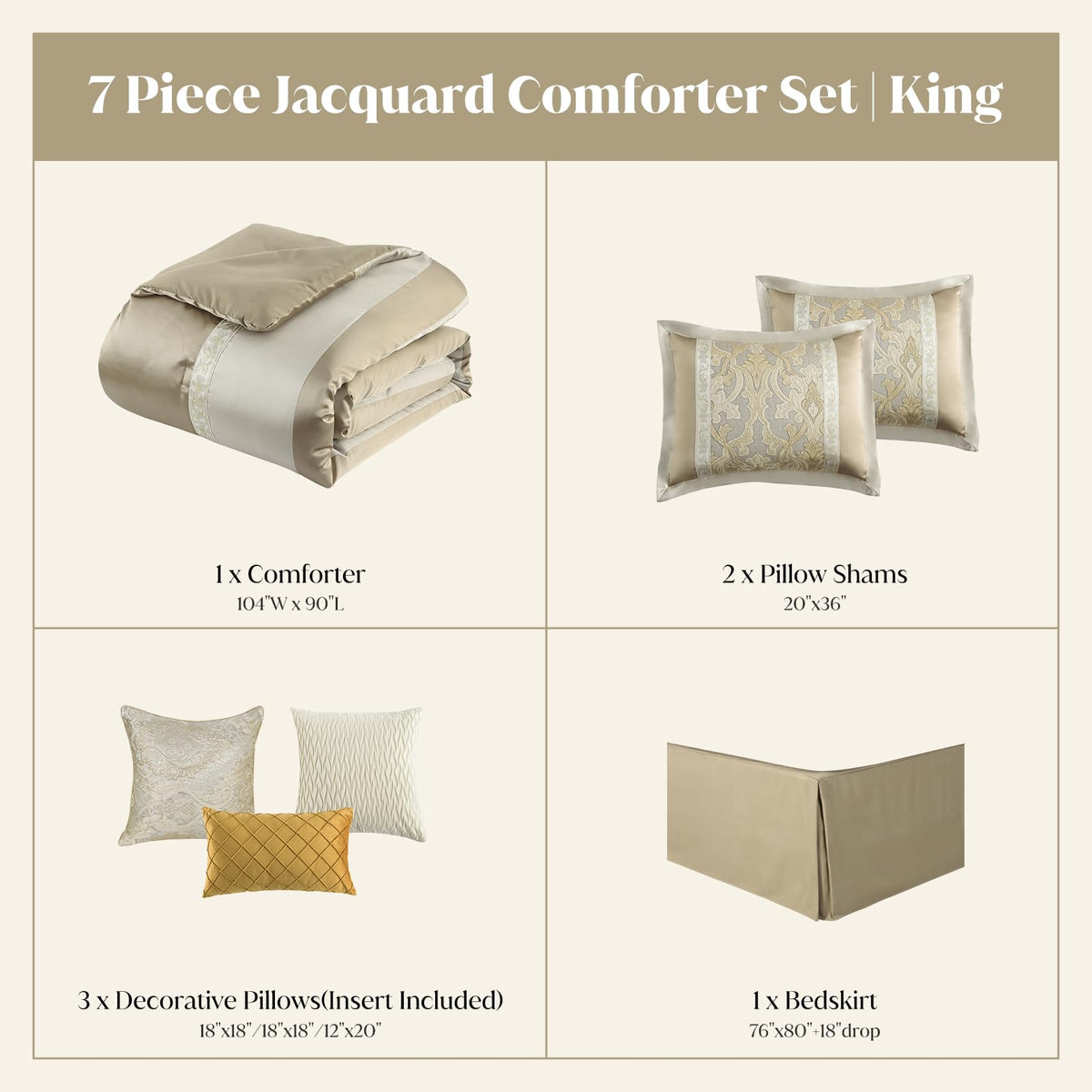 CozyDH Black Gold Jacquard Comforter Set California King, 7PCS Bed in a Bag