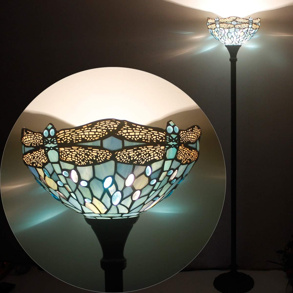 WERFACTORY Tiffany Floor Lamp Sea Blue Stained Glass Torchiere Pole Light