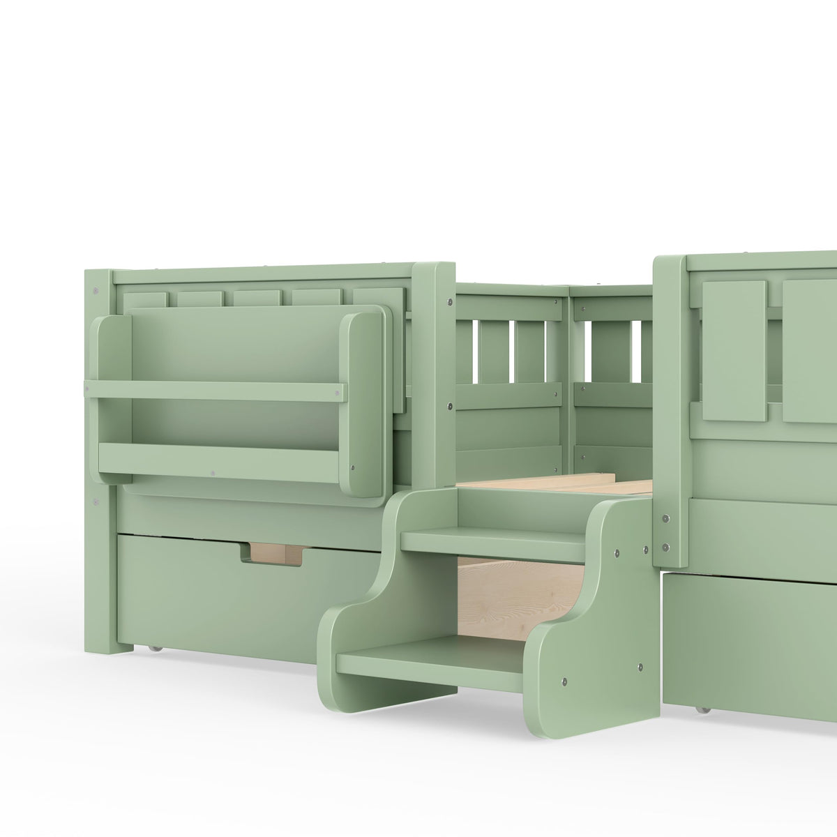 Montessori Bed with Stairs, Bookshelf & Storage Drawers