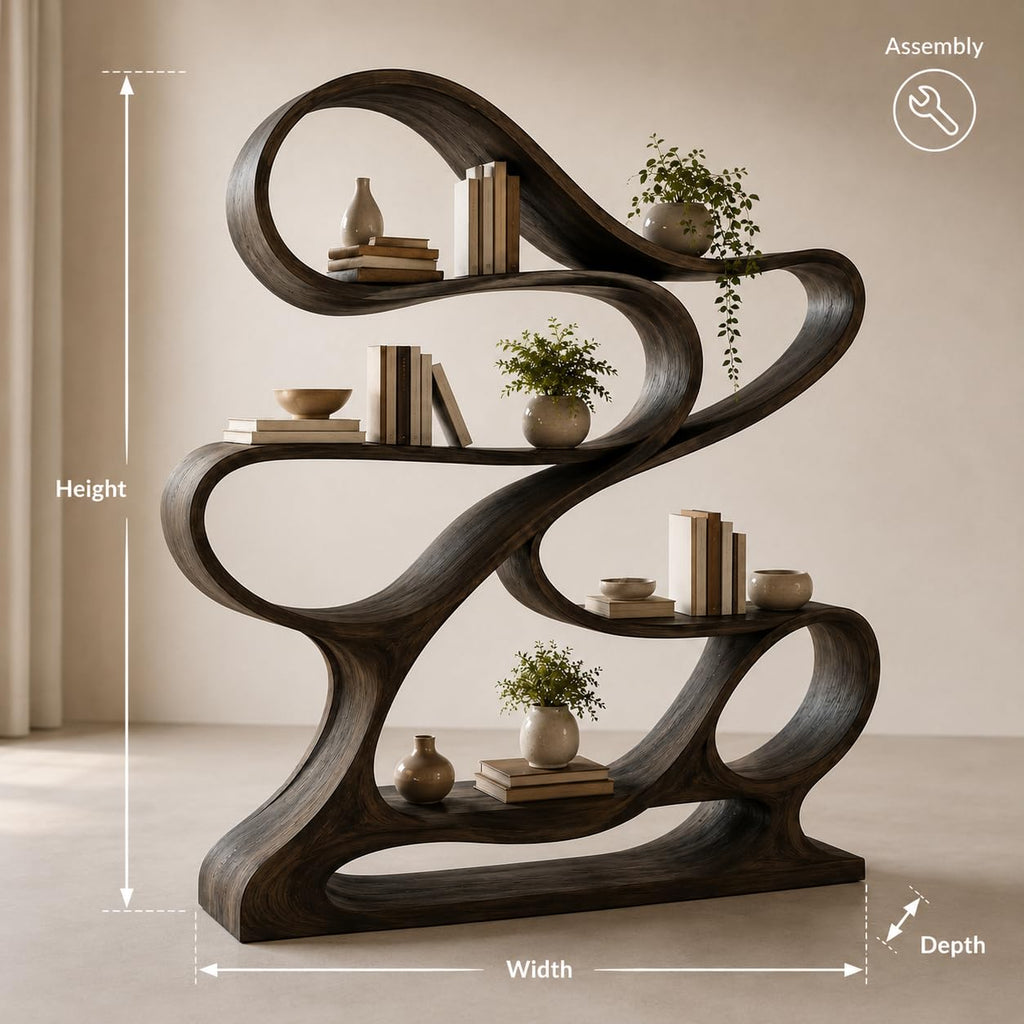 Artistic Wooden Bookshelf, Solid Wood Curved Bookcase with Open Shelves, Freestanding Display Storage for Living Room (Option 2)